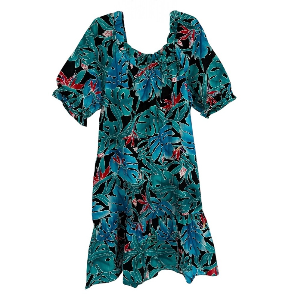 VTG Hilo Hattie Hawaiian Original Floral Blue Mumu Dress 80’s Ruffle Size Large
